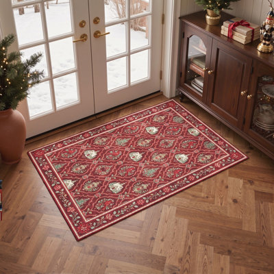 Tapis de salon lavable à poils courts, motif animaux de Noël cardinaux et lanternes, rouge et vert