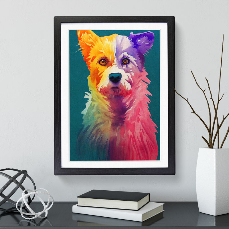 Colourful Dog No.4 - Single Picture Frame Painting, 64cm H x 46cm W x 2cm D, Black