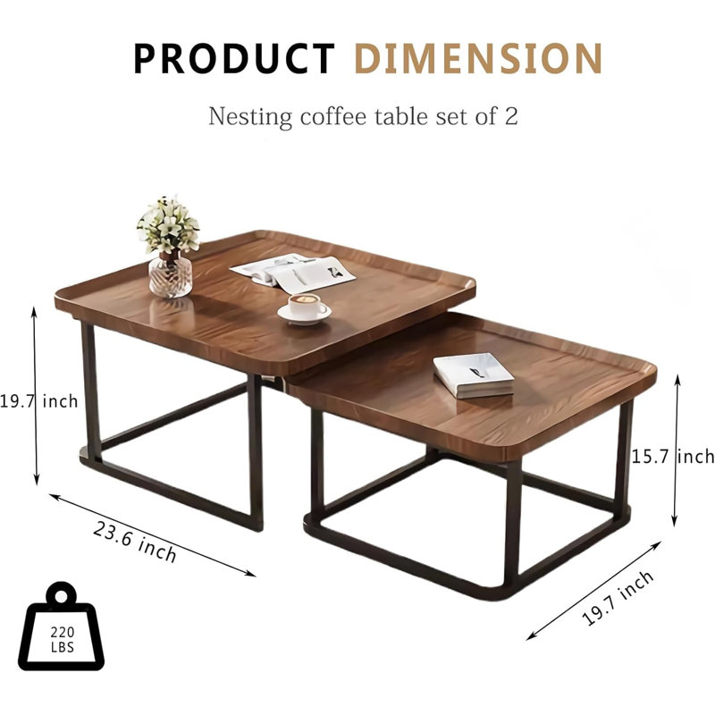 Ensemble de 2 tables basses carrées avec cannelures (noyer)