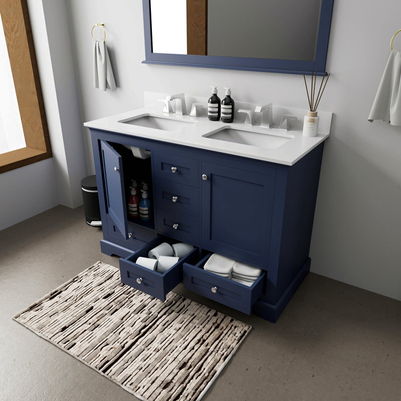 Meuble-lavabo double 48 po X P 22 po D, avec plateau en quartz blanc, Marine