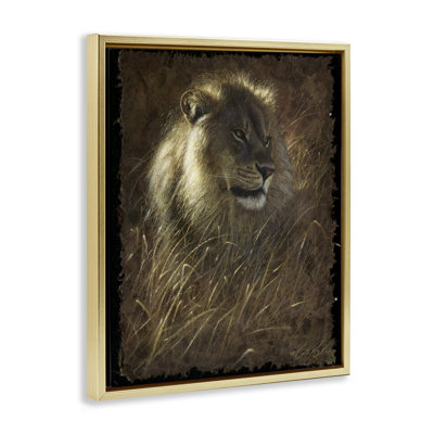 Lion sur cadre flottant en écorce rustique, design par Collin Bogle