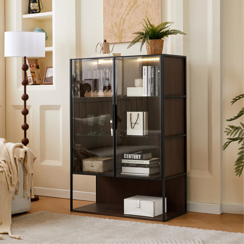 Freestanding Lighted Display Cabinet With Glass Door, Pantry Cabinet With Metal Frame & Storage, Curio Cabinet With 4-Tier Adjustable Glass Shelves, For Livingroom, Kitchen & Office
