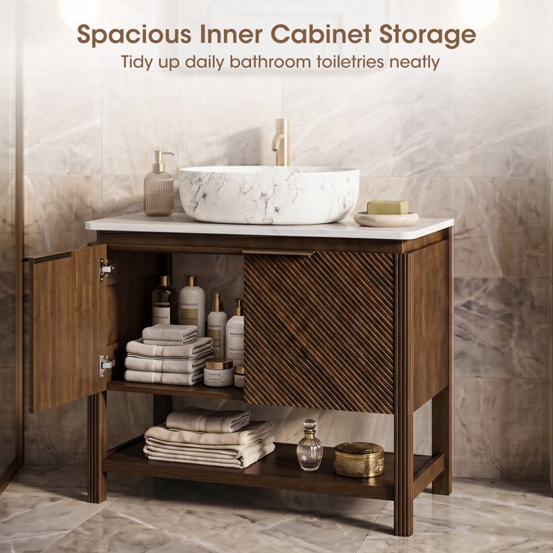 Linea 36" Freestanding Bathroom Vanity with 3D Textured Doors, Carrara White Sintered Stone Top & Volakas Vessel Sink, 36" W