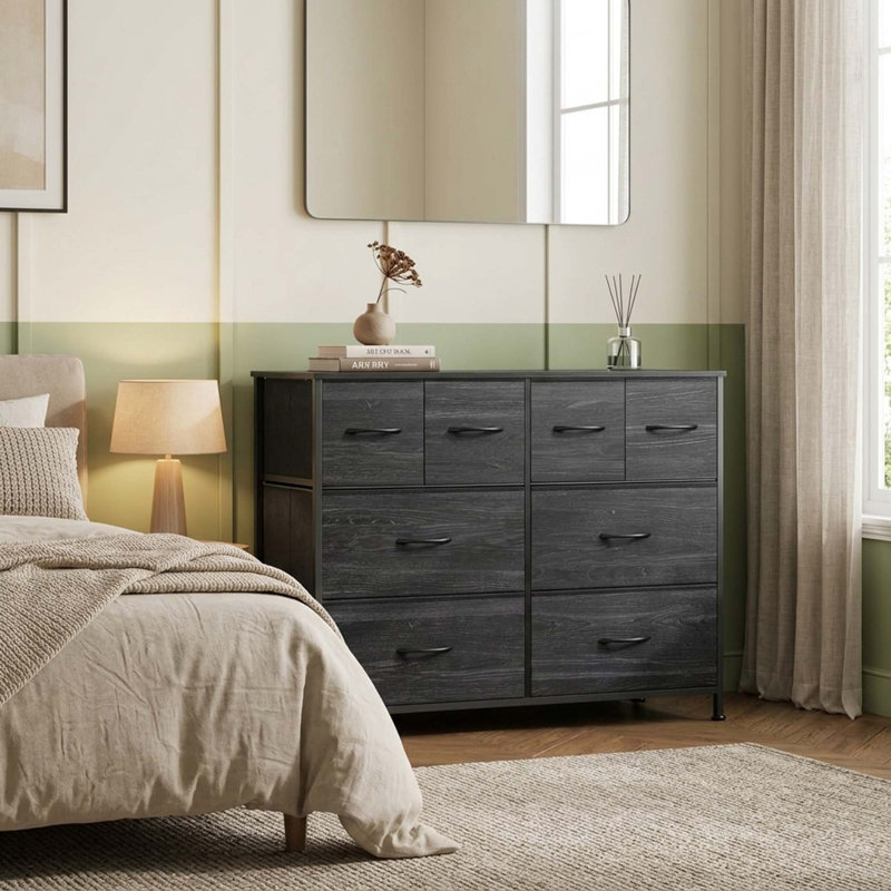 8 Drawer Fabric Dresser With Wood Grain Top For Living Room, Closet, Hallway Charcoal Black