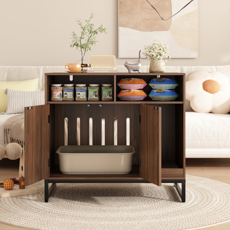 Enceinte cachée pour litière pour chat, contrôle d'intimité et d'odeurs avec rangement, avec griffoir pour chat et tablettes ouvertes, armoire à chat, maison pour chat d'intérieur, table d'appoint, salle de bain pour chat