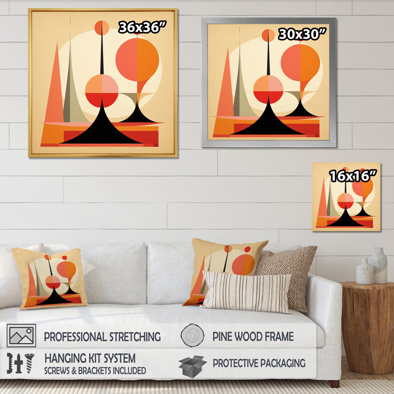 Full Moon Mountains Midcentury Geometric Abstract - Modern Midcentury Wall Decor, Gold Single Picture Framed