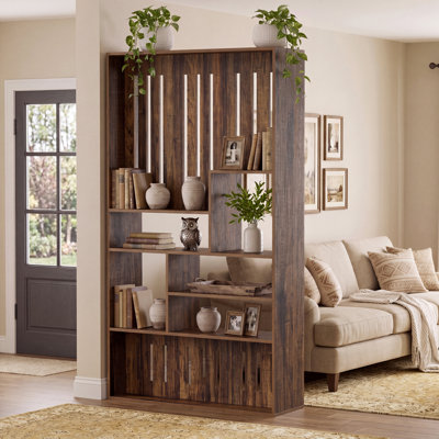 70.9" Wall Room Divider With Staggered Display Shelves, Wall Partition Boocase For Home & Office