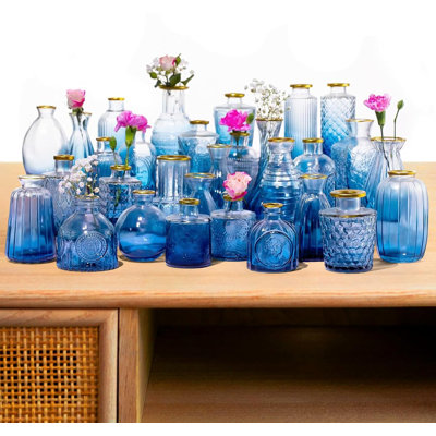 Premium Bud Vases For Home Decor, Crystal Blue Glass Flower Vase Set Of 30 With Hand-painted Gold Rims, Small Vases For Centerpieces And Wedding Decor -  Vishda Apparel, Sin-VS52BLUE-30P