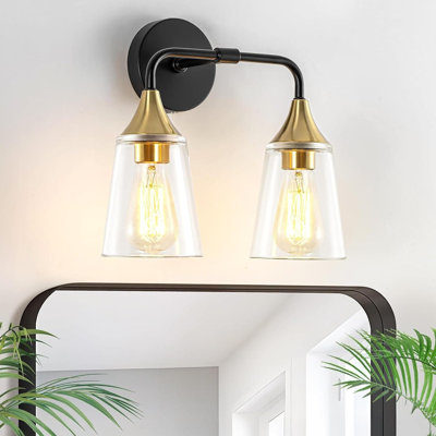 Éclairage pour meuble-lavabo de salle de bain 2 lumières avec abat-jour en verre transparent, applique murale moderne câblée noire et dorée pour miroir, chambre à coucher et couloir