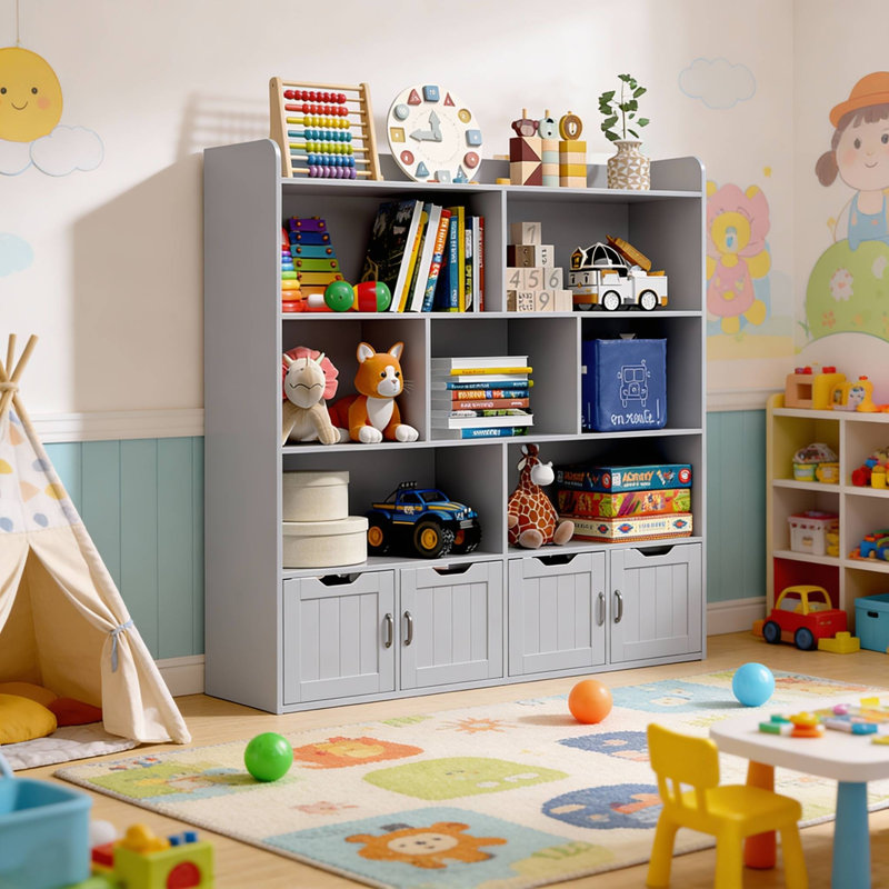 Organisateur de rangement pour jouets et bibliothèque pour enfants avec 4 tiroirs roulants, Gris