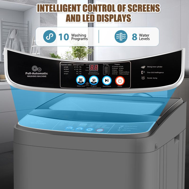 2.8 Cu. Ft. High Efficiency Portable Washer With Drain Pump, Child Safety Lock, Glass Top, Gray