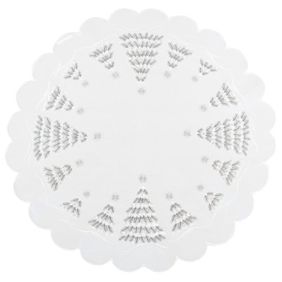 Snowy Silver Christmas Tree Scene On Ivory Table Topper (Round)