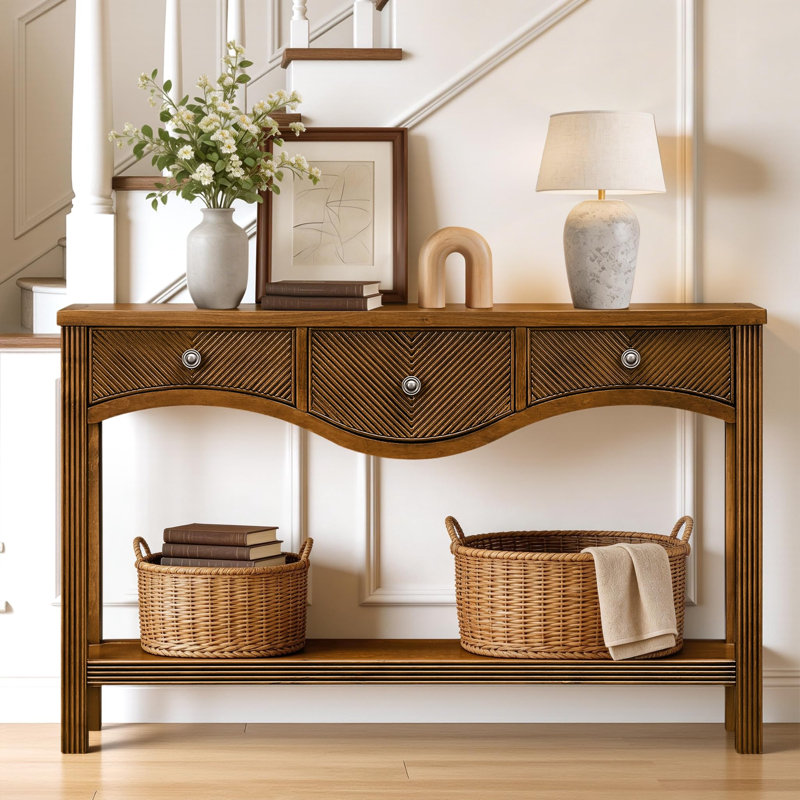 52" Retro Fluted Console Table with 3 Drawers and Scalloped Edge, Sofa Table with Solid Wood Legs for Entryway or Living Room  ,Brown