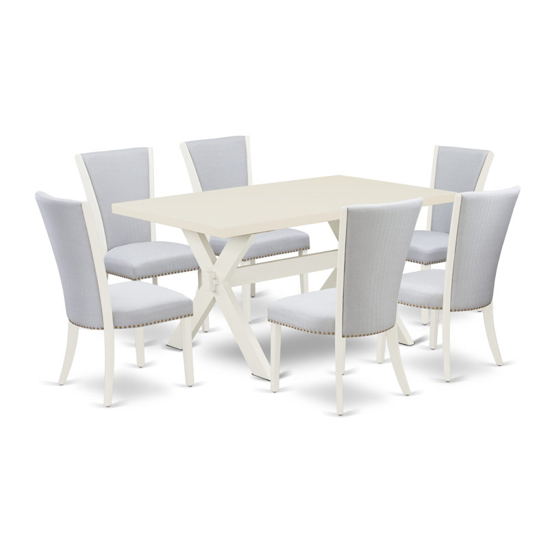 Ensemble de table de salle à manger 7 pièces composé d'une table de salle à manger rectangulaire avec pieds en X et 6 chaises de salle à manger Parson en tissu gris, lin brossé blanc