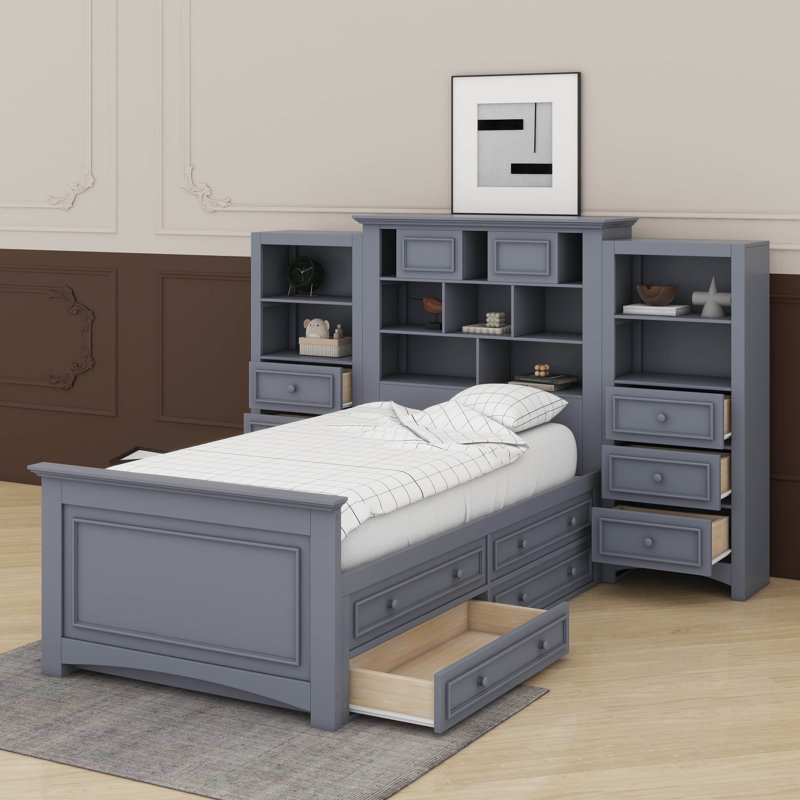 Lit plateforme simple en bois avec armoire verticale et tiroirs, gris