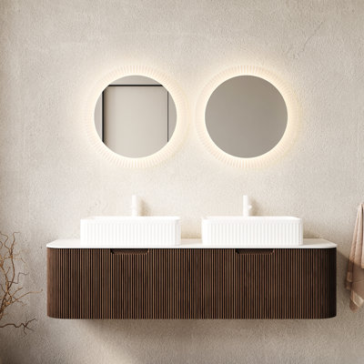 Meuble-lavabo de 60 po avec 2 lavabos rectangulaires en céramique blancs, noyer foncé, tiroirs, pré-assemblé, sans robinet, comptoir, finition rayée 3D, rangement généreux, évier à système de fermeture en douceur, armoire en contreplaqué,