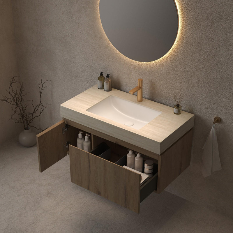 Meuble-lavabo mural simple 36 po avec lavabo, Chêne blanc