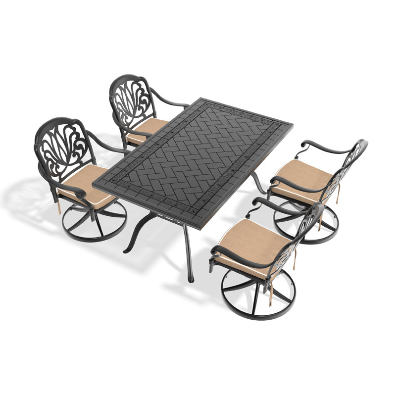 5 pièces en fonte d'aluminium pour le jardin: 4 chaises pivotantes et table rectangulaire, structure noire, apparence élégante, sièges confortables, intempéries, coussins inclus, installation simple à l'extérieur