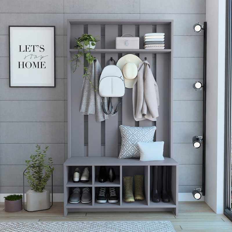 38" Wide Hall Tree With Bench And Shoe Storage, Entryway  Bench With Coat Rack
