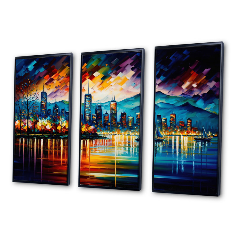 «Sturminster Vancouver Skyline At Sunset I», reproduction sur toile 3 pièces, H 28 po x l 36 po x P 1 po, Cadre flottant noir