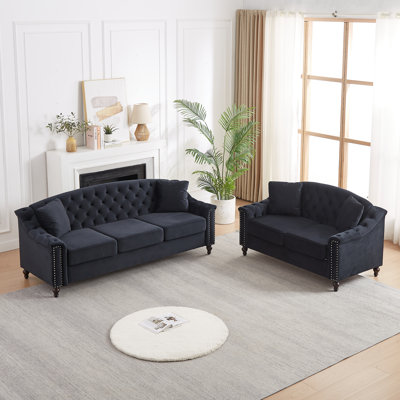 Canapé modulaire en velours Chesterfield, canapé 3 + 3 places, canapé rembourré moderne avec dossier capitonné et accoudoirs, garniture cloutée sur les accoudoirs, pieds en bois massif de qualité supérieure, pour le salon, appartement, chambre à coucher