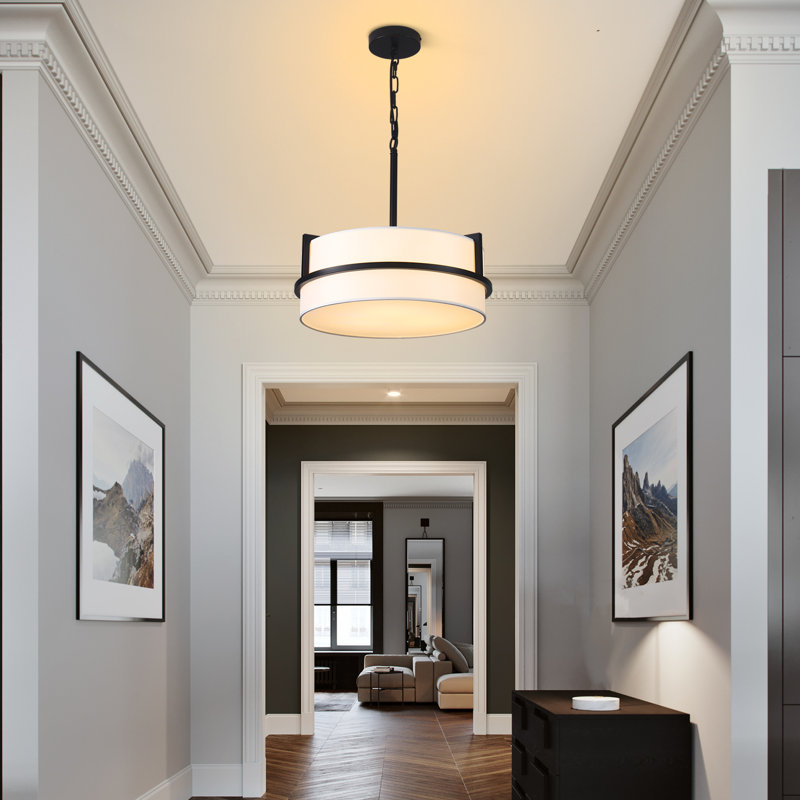 3 - Light 15.74" W Modern Fabric Drum Shape Dimmable Chandelier For Dining Room Bedroom Foyer, Matte Black
