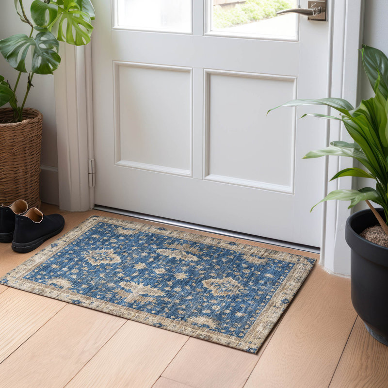 Navy Rectangular Washable Synthetic Indoor/Outdoor Rug