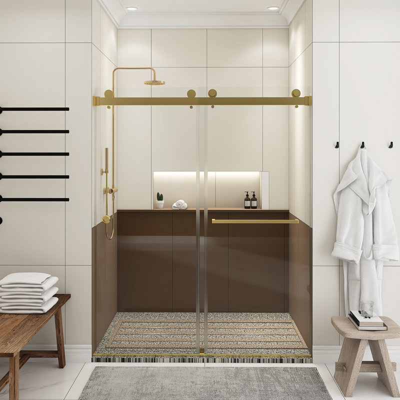 55'' - 59'' W X 72'' H Double Sliding Door Frameless Shower Door, Gold