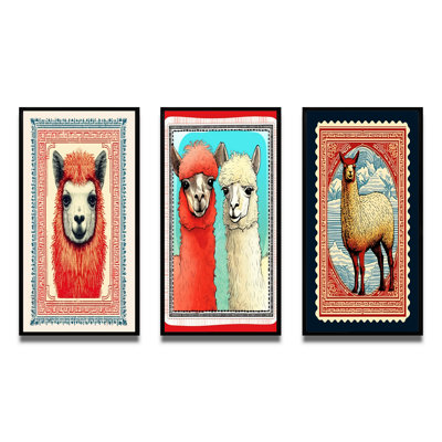 " Stamp Retro Illustration Of Alpaca Portrait I " 3 - Pieces