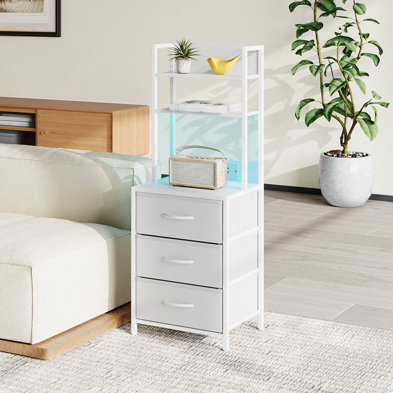 3-Drawer Nightstand with Charging Station & RGB Light Strip, Fabric Drawers, White