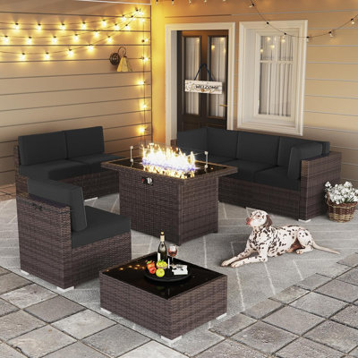  8 Piece Patio Furniture Set with 44" Propane Gas Fire Pit Table, Outdoor Sectional Conversation Set Wicker Rattan Sofa Set with Coffee Table