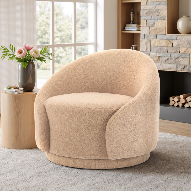 Aunna Upholstered Swivel Barrel Chair, Light Brown Boucle