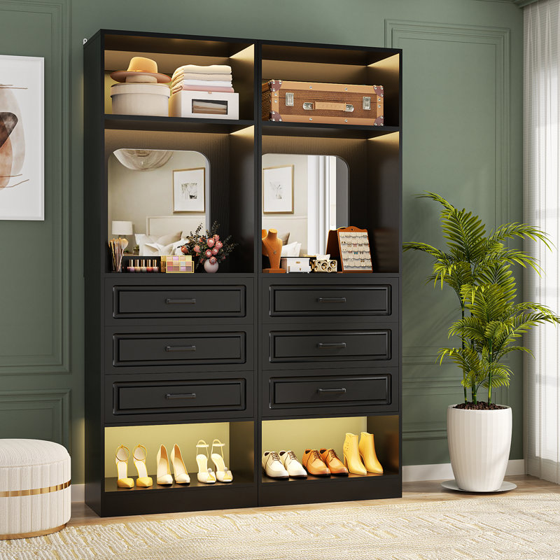 Freestanding Closet System with Drawers and Mirror, Black