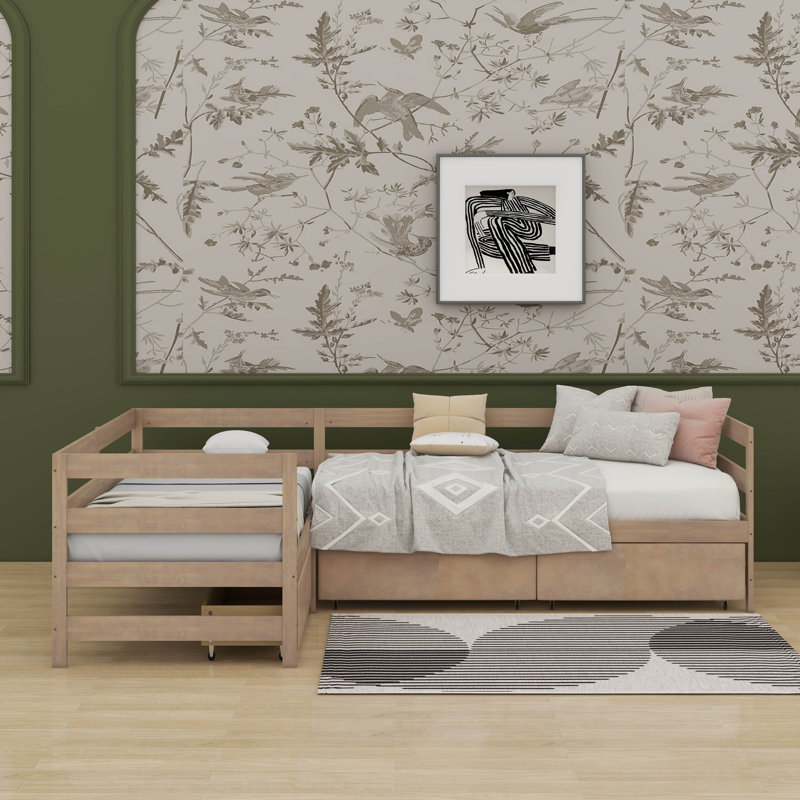 Lit plateforme simple en forme de L avec trois tiroirs de rangement, Naturel