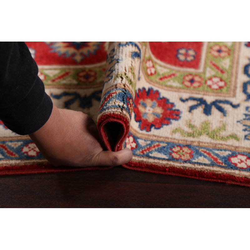 Tapis oriental géométrique rouge Kazak noué à la main 3 x 5