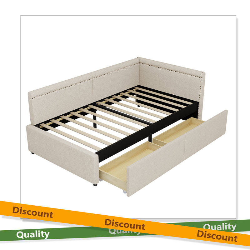 Modern Style Twin Size L Shape Corner Bed, Linen Upholstered Daybed With Two Storage Drawers, Beige
