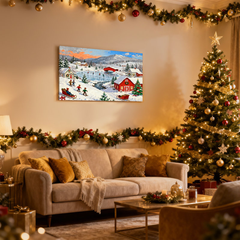 Scène de village de Noël avec neige et patineurs, ensemble de 3 impressions sur toile, H 12 po x l 18 po