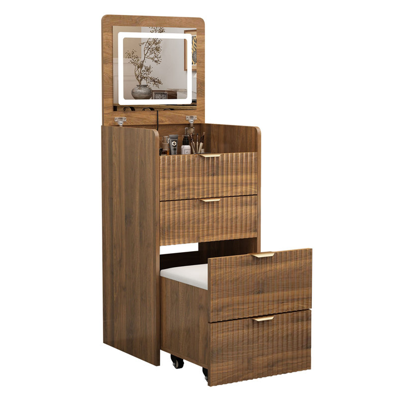 Meuble-lavabo 3 en 1 avec 3 tiroirs et tabouret roulant, meuble-lavabo compact avec miroir et lumières, petite coiffeuse moderne