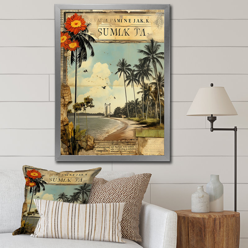 Collage rétro de palmiers de Floride et plage I sur toile rétro, H 20 po x l 12 po x P 1 po, Cadre simple argenté