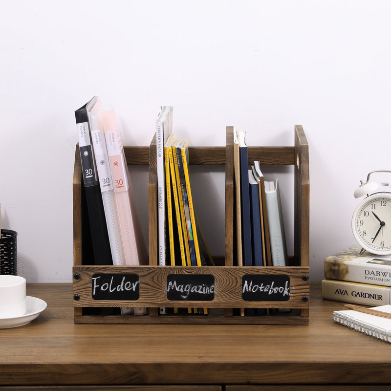Graven Solid Wood Desk File with Chalkboard Labels Magazine Holder, Brown