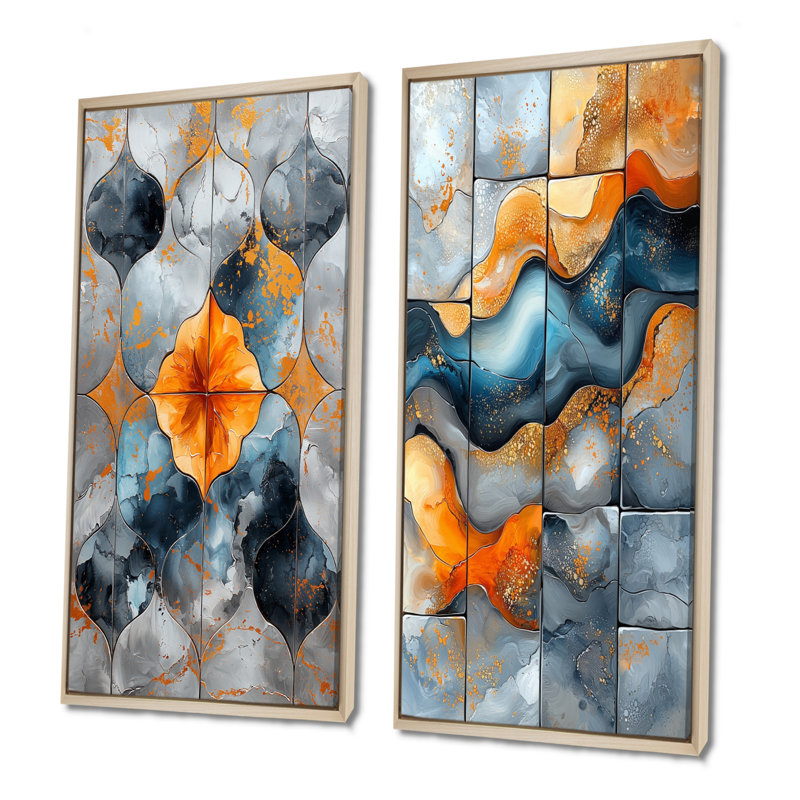 Ensemble de 2 pièces d'art mural orange antique Anatolia I - Boho Tiles, Cadre flottant érable, H 28 po x l 24 po