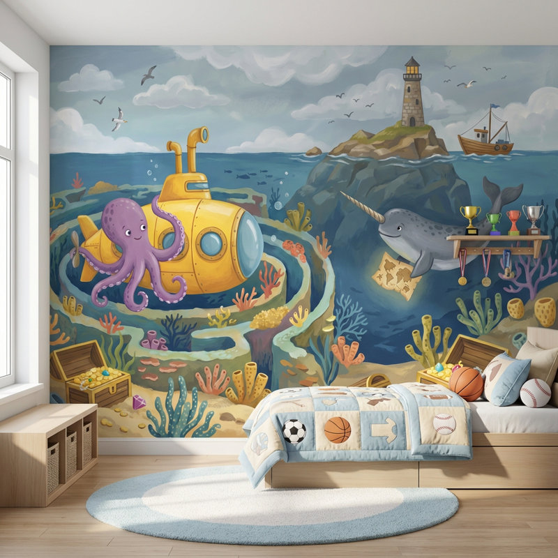 Papier peint sous-marin pieuvre sous-marine, Texturé non collé, 160 po x 108 po