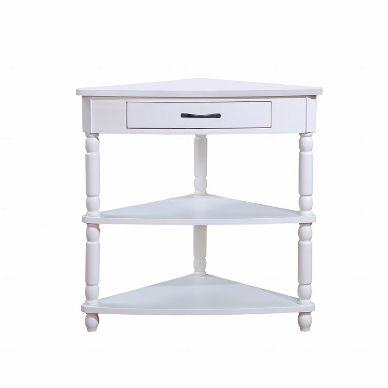 Petite table de coin triangulaire 33,8 po, table de coin en bois pour petits espaces / salon, table de bout à 3 niveaux avec pieds en bois massif, blanc laiteux