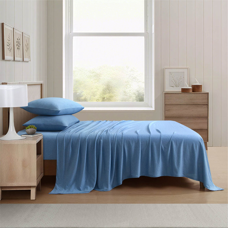 Aeropostale Cotton-Rich Heathered Jersey 4 Piece Sheet Set – Soft T-Shirt Feel, Heathered Blue, Full, Blue