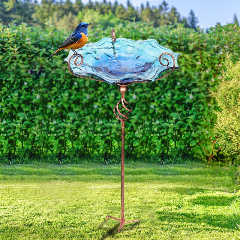 Bain d'oiseaux en verre Binnur, Bleu, L 12,8 po x P 13,23 po