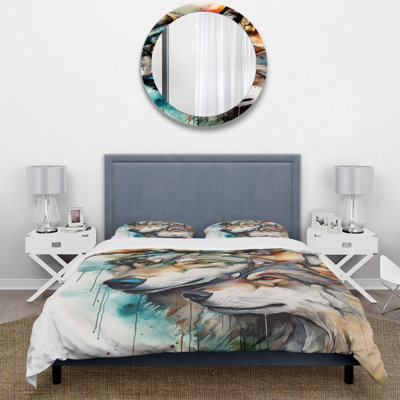 Wolves Portrait Watercolor I - Ensemble de housse de couette animaux - Microfibre de polyester