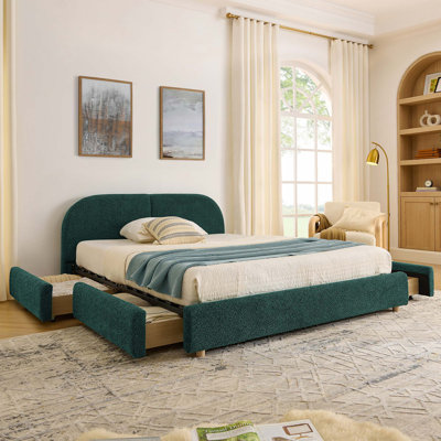 Structure de lit moderne minimaliste avec tête de lit courbée et tiroirs de rangement à roulettes
