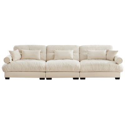 Extra Large  3 Seat Modern Velvet Sofa, Oversize Sofa, Clould Like Comfortable Seat and Back Support, With Waist Pillows and Throw Pillows, Cream