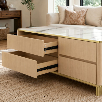 Table basse moderne de 120 cm (47,2 po) avec 4 tiroirs de rangement, lumières DEL multicolores contrôlées par Bluetooth, station de charge intégrée avec 2 prises de courant alternatif, ports USB et Type-C