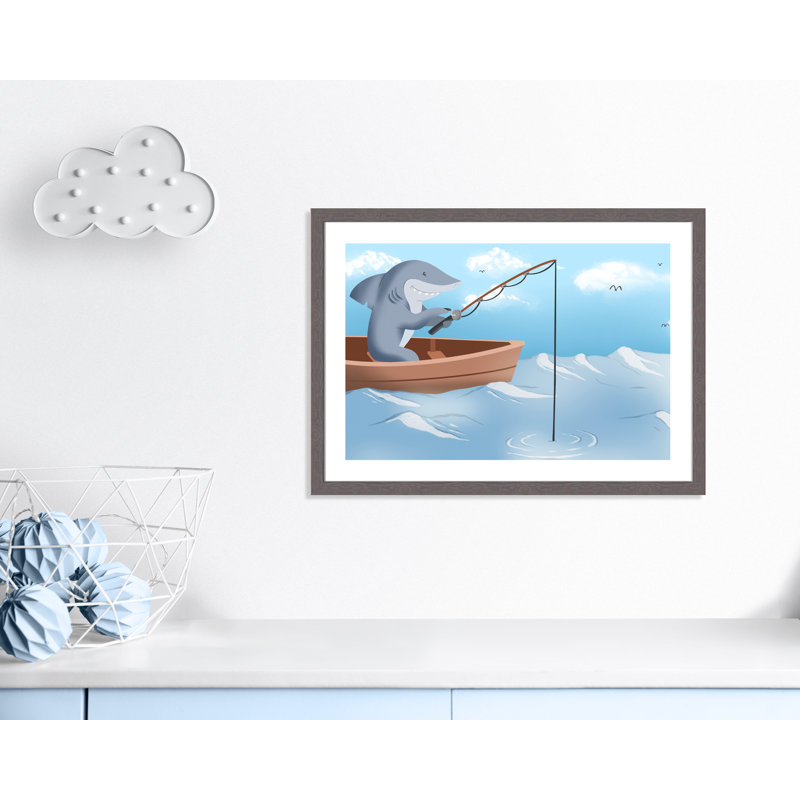 Impression sur papier «Gone Fishing», H 10 po x l 14 po x P 0,6 po, Encadré plat à grain de bois gris